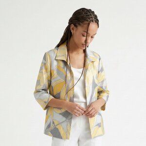 Alfred Dunner Jacket Yellow Gray Floral Sateen Open Artsy Casual Office 14P